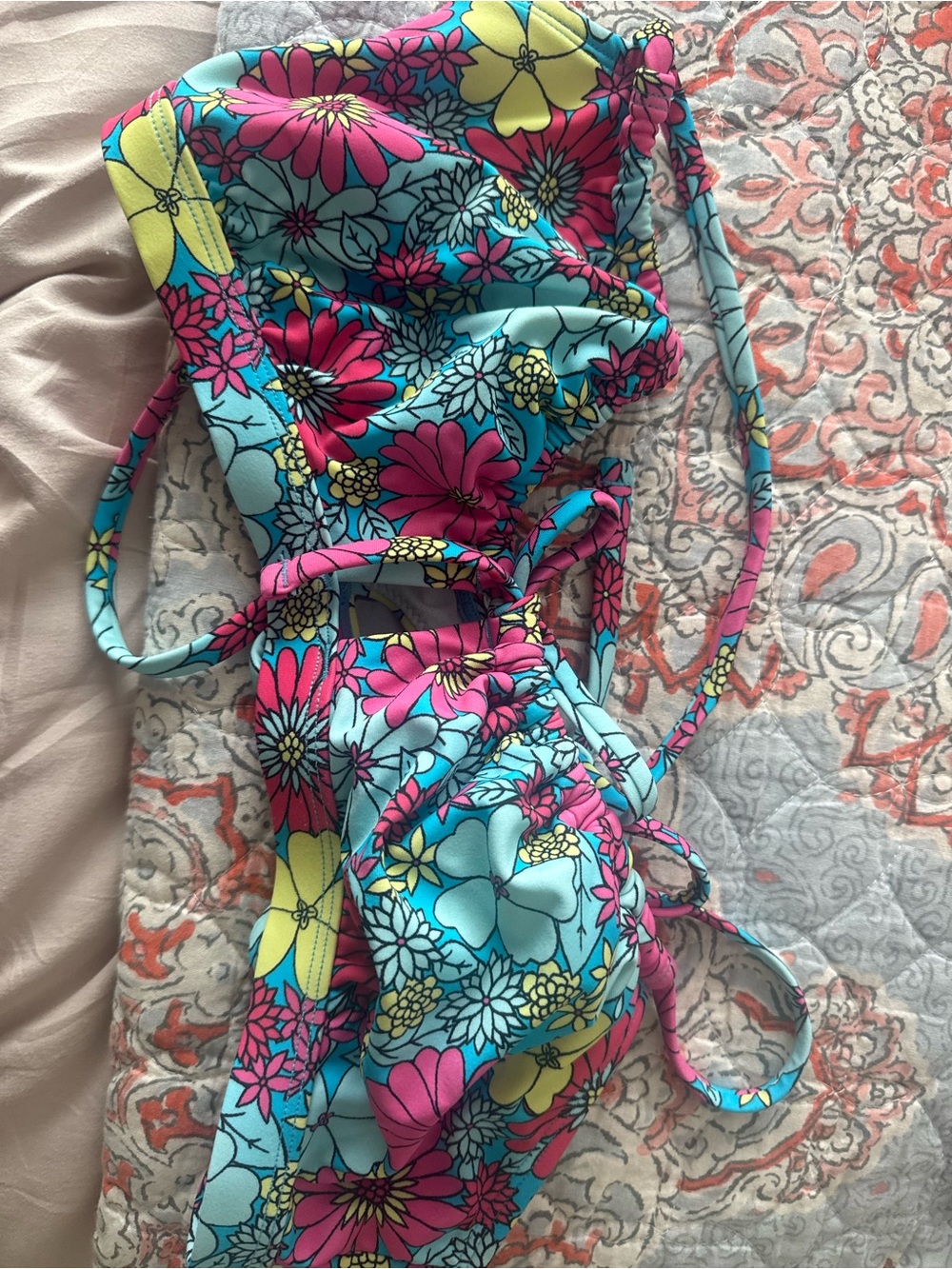 Bright Floral Cutout One-Piece Swimsuit - Turquoise, Pink & Yellow